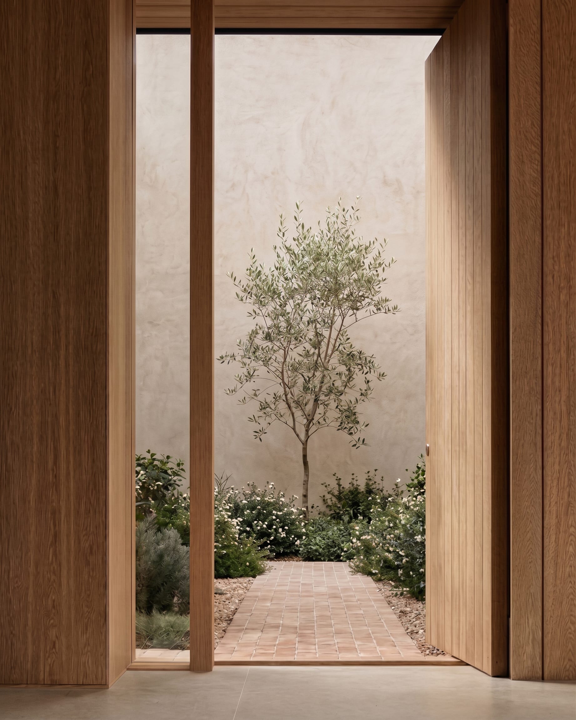 Barcelona Apartment — timber-framed opening onto the inner courtyard garden