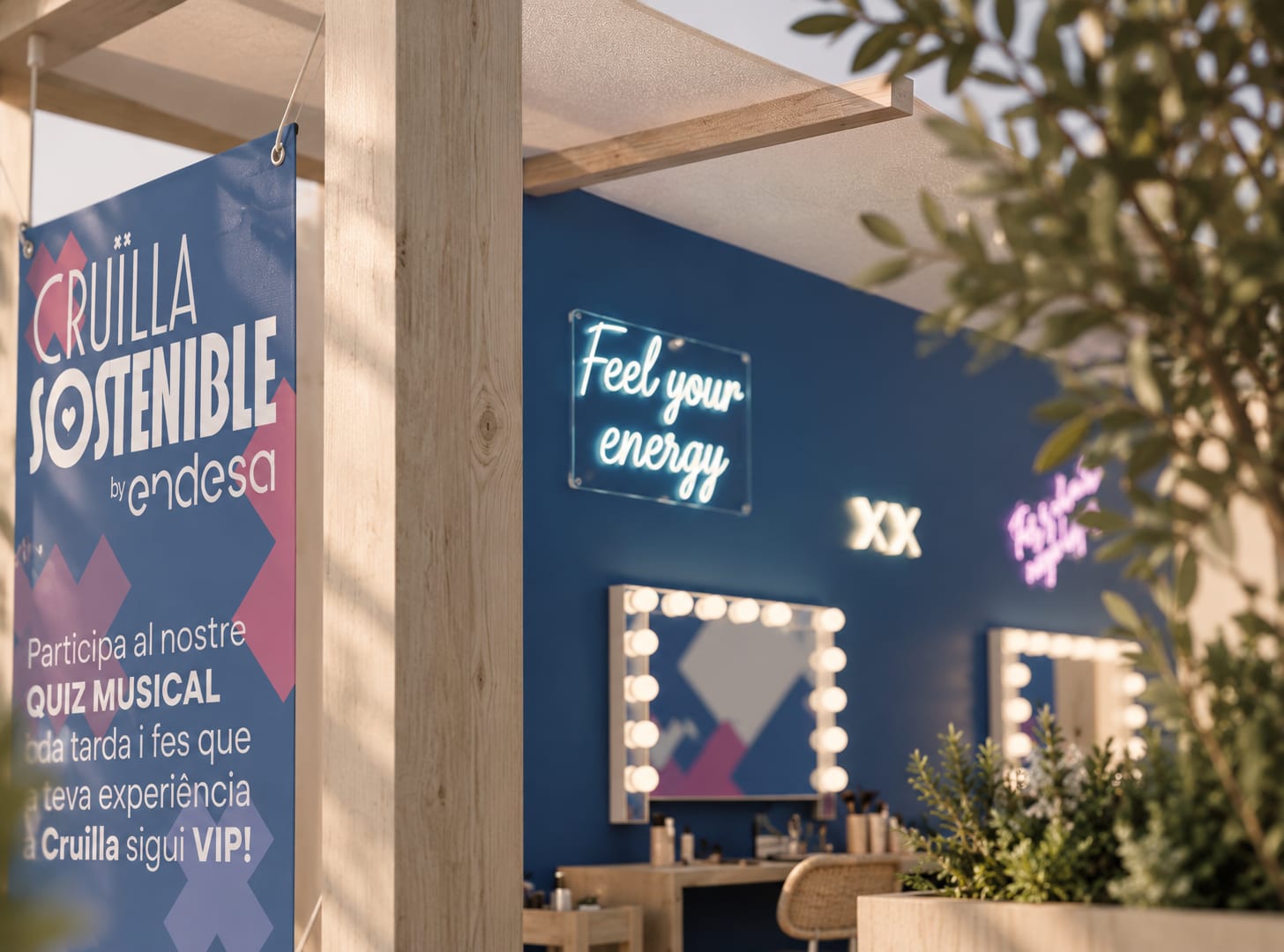 Endesa stand at Cruïlla Festival — modular pine timber frames with lighting