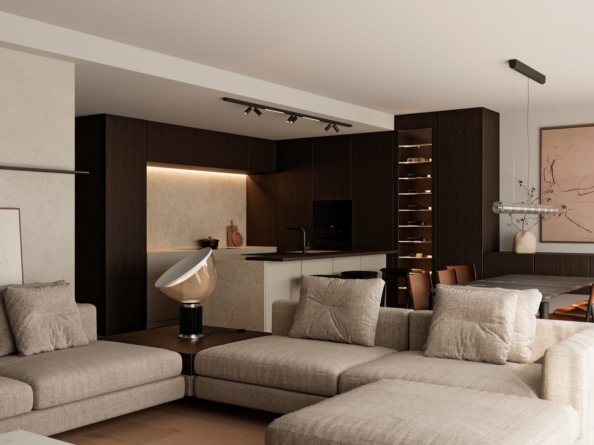 Berlinés Apartment — open-plan living room with dark joinery