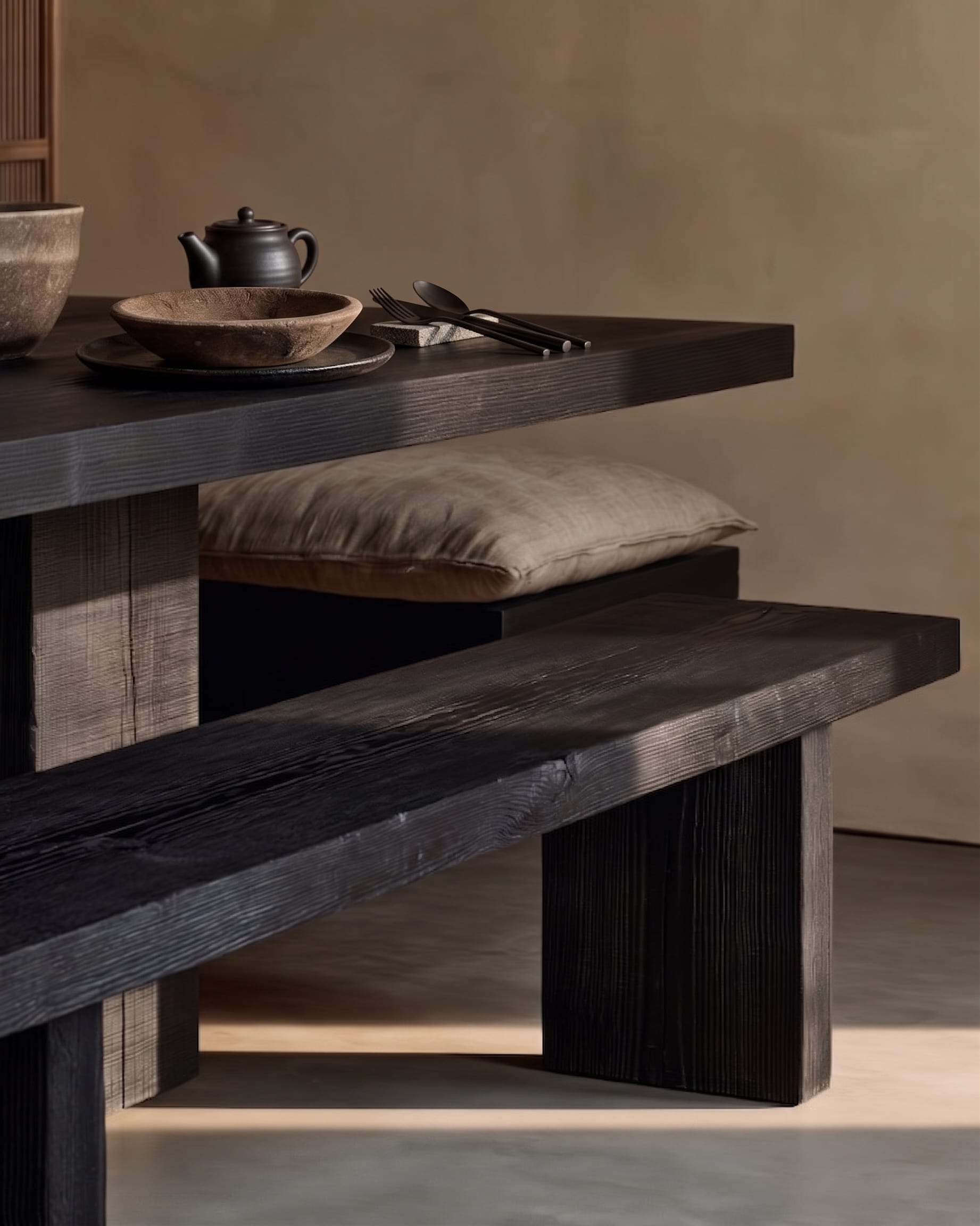 Japanese Restaurant — linen pendant over a charred timber table