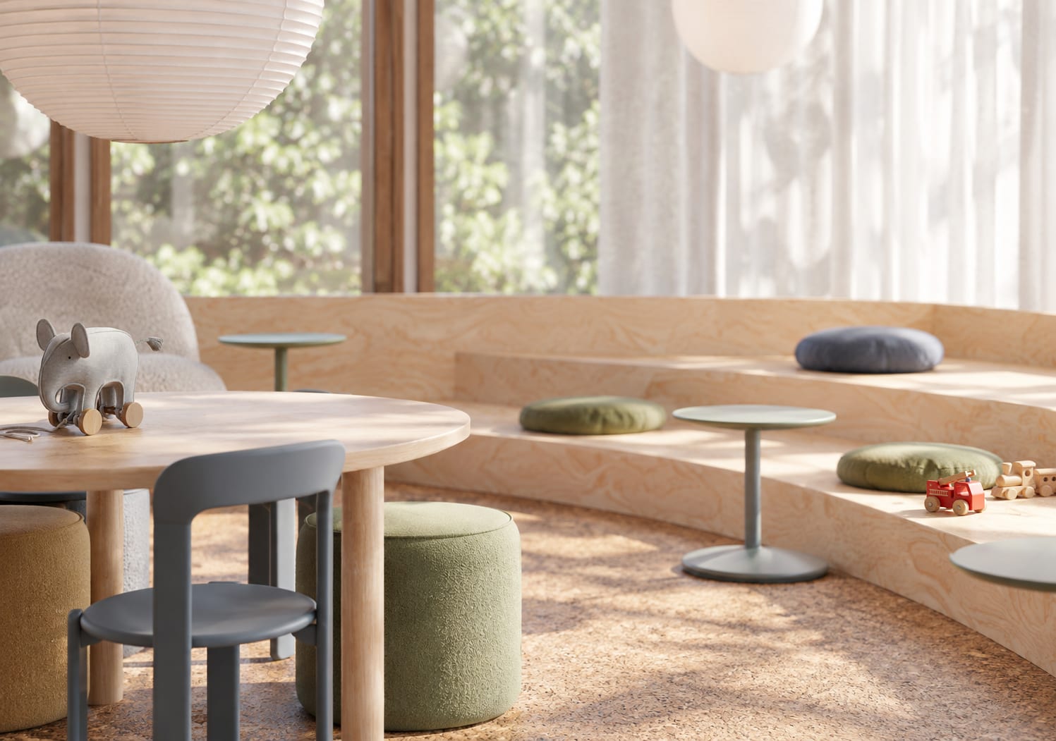 Children’s Psychology Centre — waiting area with arched windows and paper pendant lights